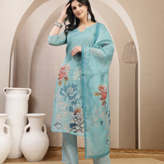 Stylum Women's Sky Blue Floral Printed Chanderi Silk Straight Kurta Pant Dupatta Set (KPDSKYPANNY)