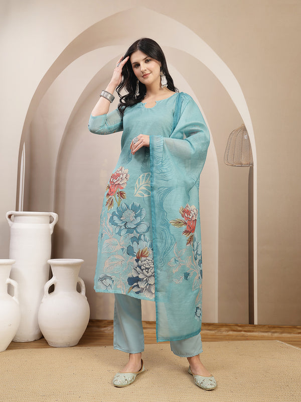 Stylum Women's Sky Blue Floral Printed Chanderi Silk Straight Kurta Pant Dupatta Set (KPDSKYPANNY)
