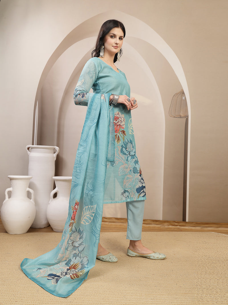 Stylum Women's Sky Blue Floral Printed Chanderi Silk Straight Kurta Pant Dupatta Set (KPDSKYPANNY)