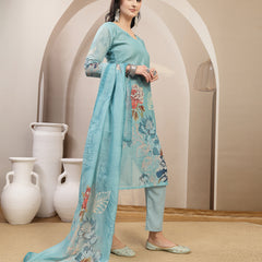 Stylum Women's Sky Blue Floral Printed Chanderi Silk Straight Kurta Pant Dupatta Set (KPDSKYPANNY)