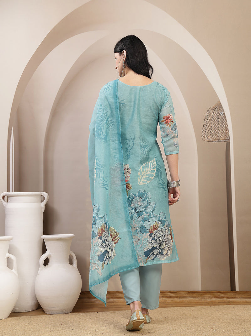 Stylum Women's Sky Blue Floral Printed Chanderi Silk Straight Kurta Pant Dupatta Set (KPDSKYPANNY)