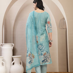 Stylum Women's Sky Blue Floral Printed Chanderi Silk Straight Kurta Pant Dupatta Set (KPDSKYPANNY)