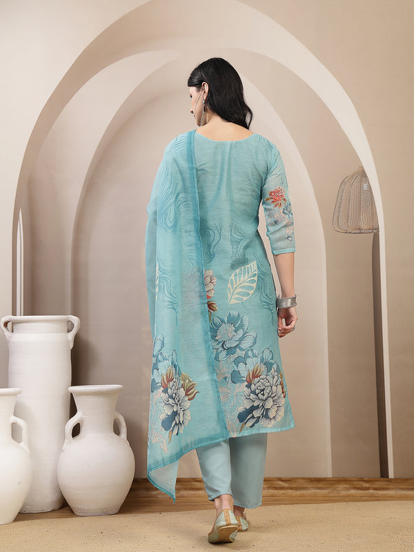 Stylum Women's Sky Blue Floral Printed Chanderi Silk Straight Kurta Pant Dupatta Set (KPDSKYPANNY)