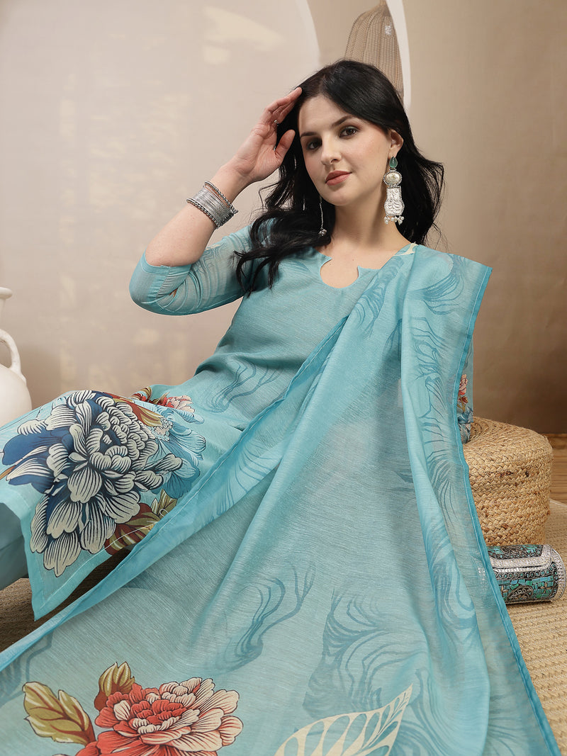 Stylum Women's Sky Blue Floral Printed Chanderi Silk Straight Kurta Pant Dupatta Set (KPDSKYPANNY)