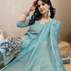 Stylum Women's Sky Blue Floral Printed Chanderi Silk Straight Kurta Pant Dupatta Set (KPDSKYPANNY)
