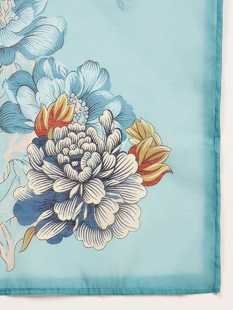 Stylum Women's Sky Blue Floral Printed Chanderi Silk Straight Kurta Pant Dupatta Set (KPDSKYPANNY)