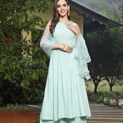 Stylum Women's Sky Blue Solid & Embellished Rayon Flared Kurta Palazzo Dupatta Set (KPDSKYPURVI)