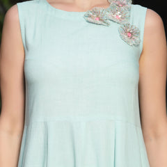 Stylum Women's Sky Blue Solid & Embellished Rayon Flared Kurta Palazzo Dupatta Set (KPDSKYPURVI)