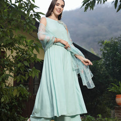 Stylum Women's Sky Blue Solid & Embellished Rayon Flared Kurta Palazzo Dupatta Set (KPDSKYPURVI)