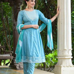 Stylum Women's Printed & Embroidered Cotton Anarkali Kurta Pant Dupatta Set (KPDSKYSTAR)