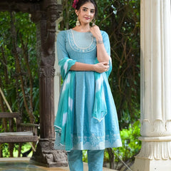 Stylum Women's Printed & Embroidered Cotton Anarkali Kurta Pant Dupatta Set (KPDSKYSTAR)