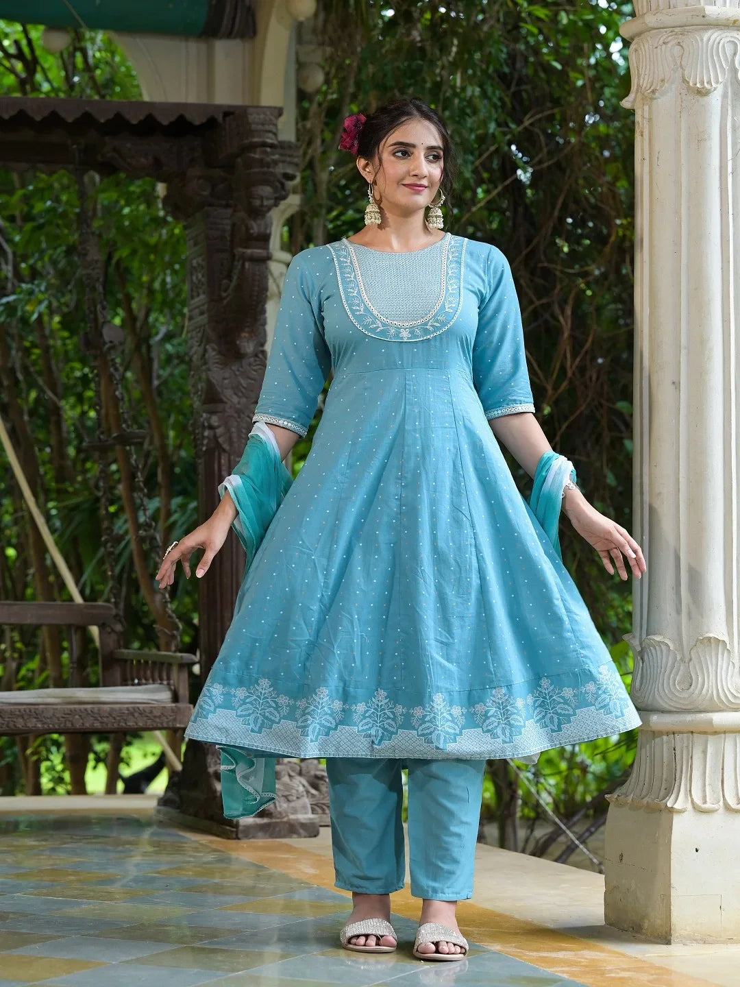 Buy Cotton Anarkali Kurta Pant Dupatta Set stylumin