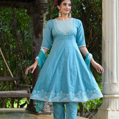 Stylum Women's Printed & Embroidered Cotton Anarkali Kurta Pant Dupatta Set (KPDSKYSTAR)