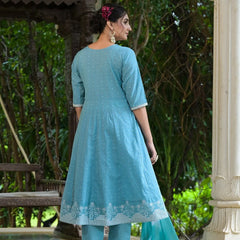 Stylum Women's Printed & Embroidered Cotton Anarkali Kurta Pant Dupatta Set (KPDSKYSTAR)