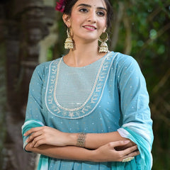 Stylum Women's Printed & Embroidered Cotton Anarkali Kurta Pant Dupatta Set (KPDSKYSTAR)