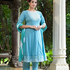 Stylum Women's Printed & Embroidered Cotton Anarkali Kurta Pant Dupatta Set (KPDSKYSTAR)