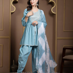 Stylum Women's Solid & Embroidered Cotton Pleated Kurti with Dhoti Pant & Dupatta Set (KPDSKYTIM)