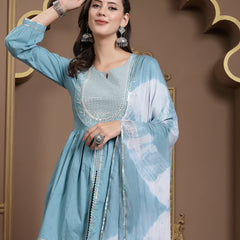 Stylum Women's Solid & Embroidered Cotton Pleated Kurti with Dhoti Pant & Dupatta Set (KPDSKYTIM)