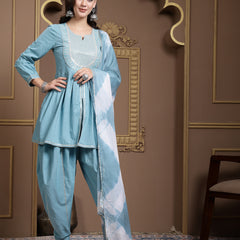 Stylum Women's Solid & Embroidered Cotton Pleated Kurti with Dhoti Pant & Dupatta Set (KPDSKYTIM)