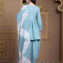 Stylum Women's Solid & Embroidered Cotton Pleated Kurti with Dhoti Pant & Dupatta Set (KPDSKYTIM)