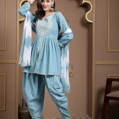 Stylum Women's Solid & Embroidered Cotton Pleated Kurti with Dhoti Pant & Dupatta Set (KPDSKYTIM)