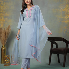 Stylum Women's Sky Blue Solid & Embroidered Italian Crush Straight Kurta Pant Dupatta Set (KPDSKYVOOMA)