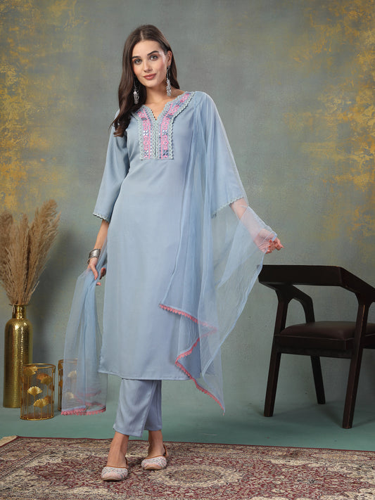 Stylum Women's Sky Blue Solid & Embroidered Italian Crush Straight Kurta Pant Dupatta Set (KPDSKYVOOMA)