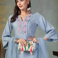 Stylum Women's Sky Blue Solid & Embroidered Italian Crush Straight Kurta Pant Dupatta Set (KPDSKYVOOMA)