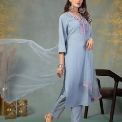 Stylum Women's Sky Blue Solid & Embroidered Italian Crush Straight Kurta Pant Dupatta Set (KPDSKYVOOMA)