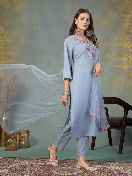 Stylum Women's Sky Blue Solid & Embroidered Italian Crush Straight Kurta Pant Dupatta Set (KPDSKYVOOMA)