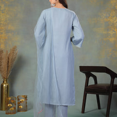 Stylum Women's Sky Blue Solid & Embroidered Italian Crush Straight Kurta Pant Dupatta Set (KPDSKYVOOMA)