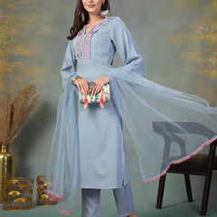 Stylum Women's Sky Blue Solid & Embroidered Italian Crush Straight Kurta Pant Dupatta Set (KPDSKYVOOMA)