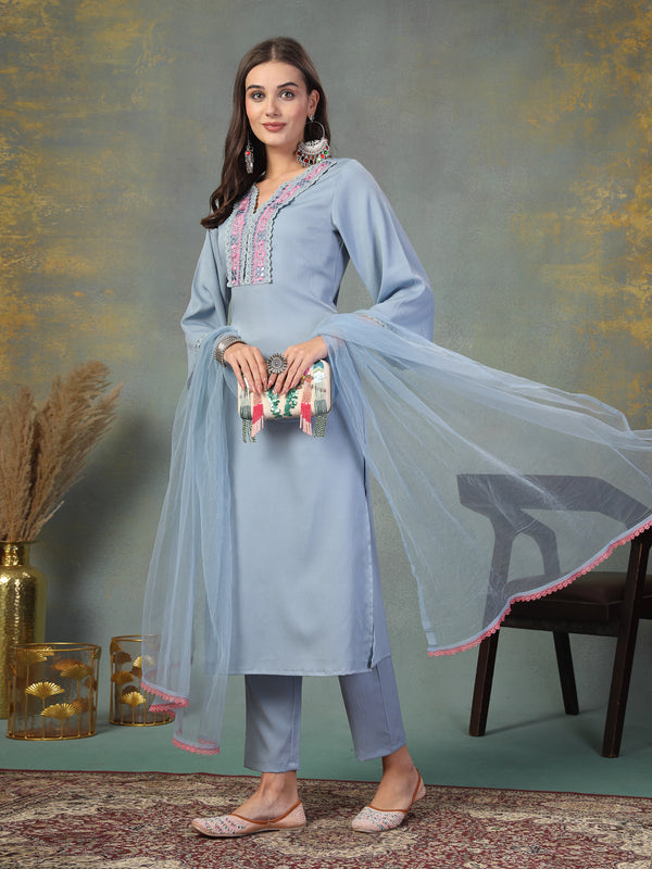 Stylum Women's Sky Blue Solid & Embroidered Italian Crush Straight Kurta Pant Dupatta Set (KPDSKYVOOMA)