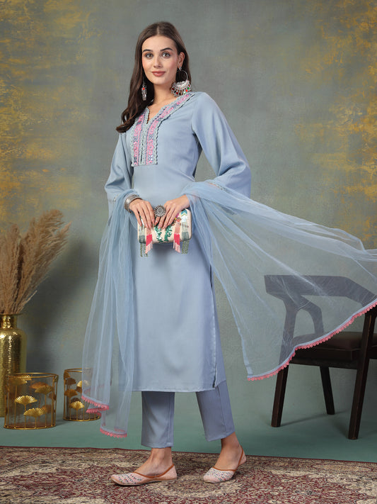 Stylum Women's Sky Blue Solid & Embroidered Italian Crush Straight Kurta Pant Dupatta Set (KPDSKYVOOMA)