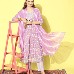 Stylum Women's Printed Cotton Anarkali Kurta Pant Dupatta Set (KPDSRIJA)