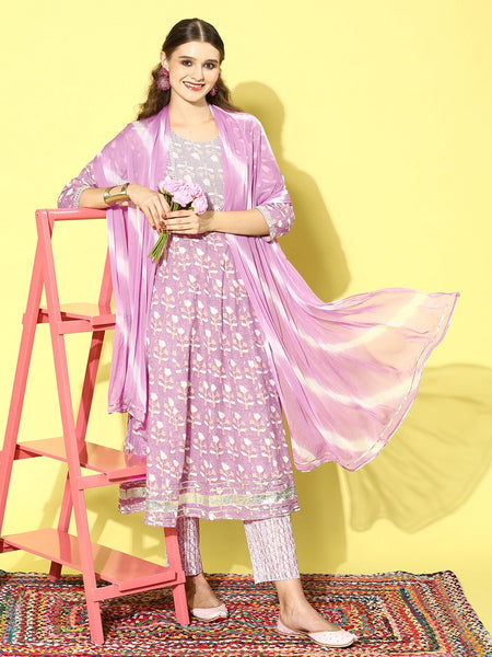 Stylum Women's Printed Cotton Anarkali Kurta Pant Dupatta Set (KPDSRIJA)