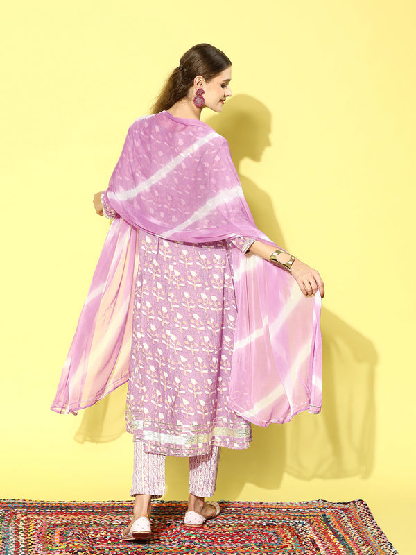 Stylum Women's Printed Cotton Anarkali Kurta Pant Dupatta Set (KPDSRIJA)
