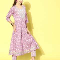 Stylum Women's Printed Cotton Anarkali Kurta Pant Dupatta Set (KPDSRIJA)