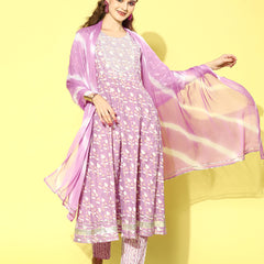 Stylum Women's Printed Cotton Anarkali Kurta Pant Dupatta Set (KPDSRIJA)