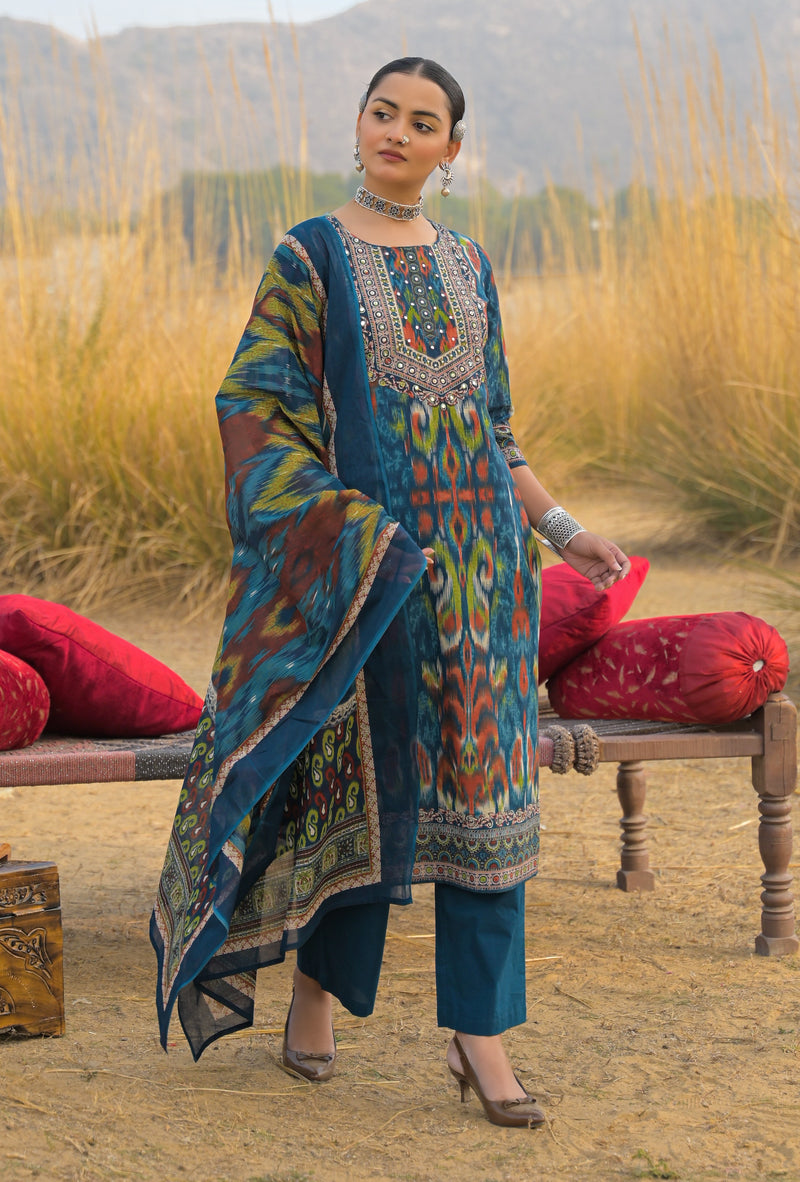 Stylum Women's Teal Ikat Printed Cotton Straight Kurta Pant Dupatta Set (KPDTEALAZOTRE)