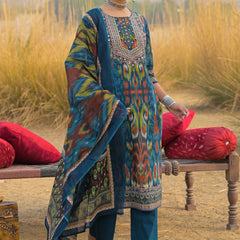 Stylum Women's Teal Ikat Printed Cotton Straight Kurta Pant Dupatta Set (KPDTEALAZOTRE)