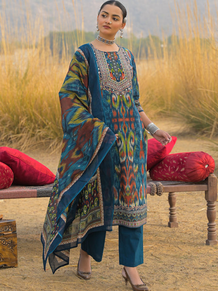 Stylum Women's Teal Ikat Printed Cotton Straight Kurta Pant Dupatta Set (KPDTEALAZOTRE)
