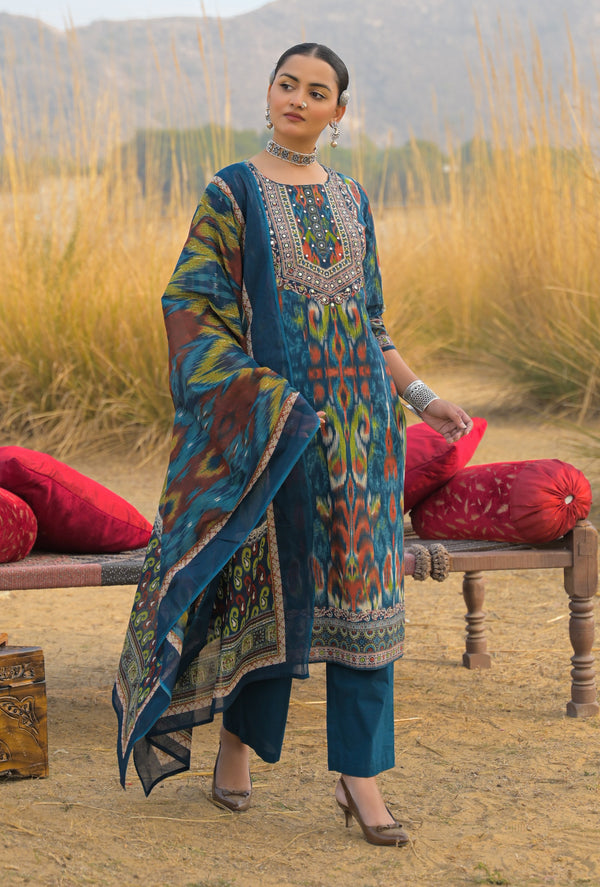 Stylum Women's Teal Ikat Printed Cotton Straight Kurta Pant Dupatta Set (KPDTEALAZOTRE)