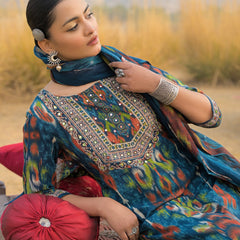 Stylum Women's Teal Ikat Printed Cotton Straight Kurta Pant Dupatta Set (KPDTEALAZOTRE)