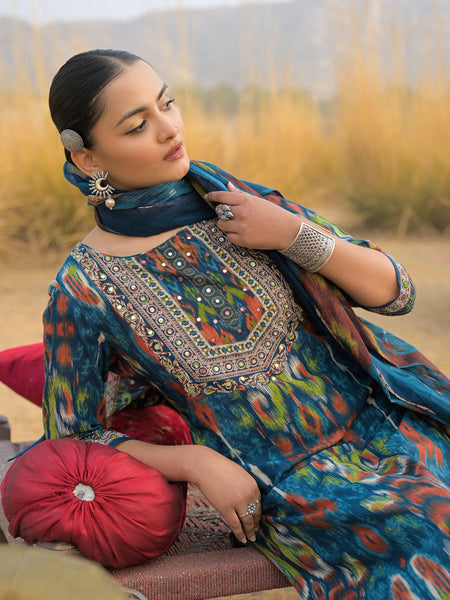 Stylum Women's Teal Ikat Printed Cotton Straight Kurta Pant Dupatta Set (KPDTEALAZOTRE)