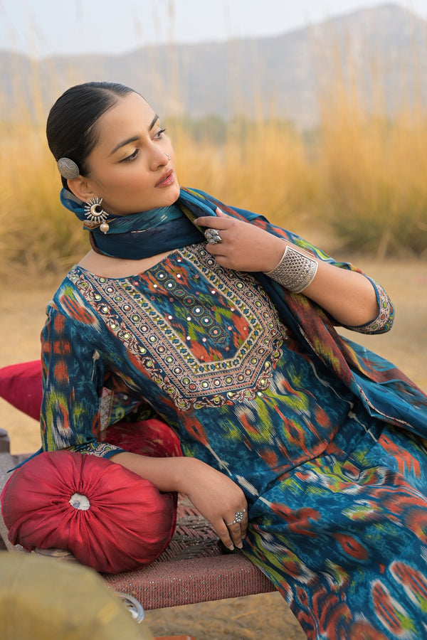 Stylum Women's Teal Ikat Printed Cotton Straight Kurta Pant Dupatta Set (KPDTEALAZOTRE)
