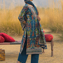 Stylum Women's Teal Ikat Printed Cotton Straight Kurta Pant Dupatta Set (KPDTEALAZOTRE)