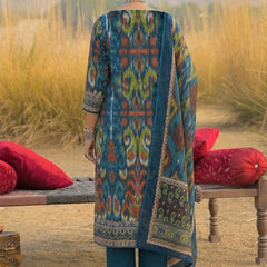 Stylum Women's Teal Ikat Printed Cotton Straight Kurta Pant Dupatta Set (KPDTEALAZOTRE)