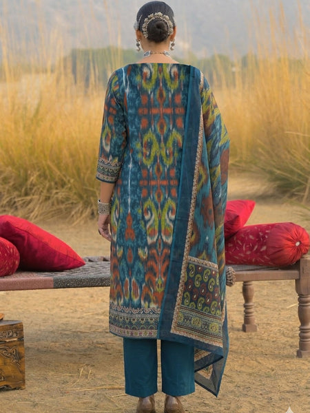 Stylum Women's Teal Ikat Printed Cotton Straight Kurta Pant Dupatta Set (KPDTEALAZOTRE)