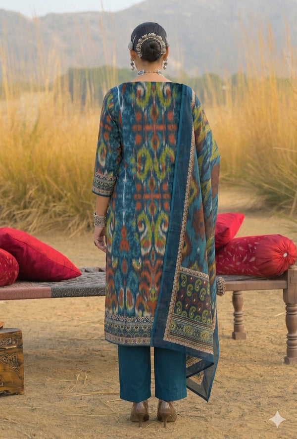 Stylum Women's Teal Ikat Printed Cotton Straight Kurta Pant Dupatta Set (KPDTEALAZOTRE)
